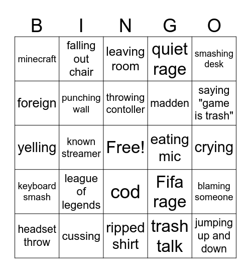 Gamer rage bingo Card