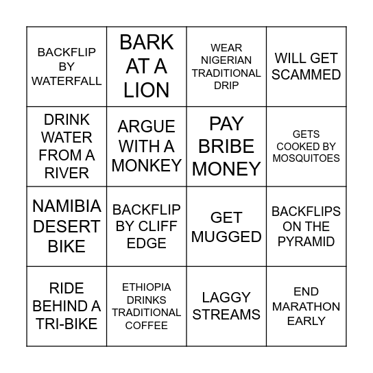 SPEED DOES AFRICA Bingo Card