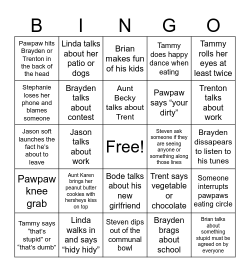 Angie’s official bingo card Bingo Card