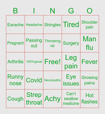 Christmas illness Bingo Card