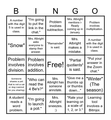 Mrs. Albright Math Bingo! Bingo Card