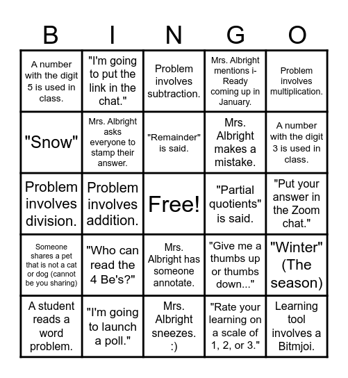 Mrs. Albright Math Bingo! Bingo Card