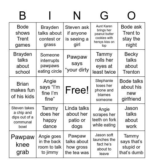 Trenton’s official bingo card Bingo Card