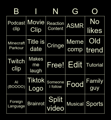YouTube shorts Bingo Card