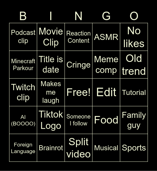 YouTube shorts Bingo Card
