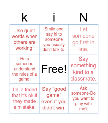 I can be kind! Bingo Card