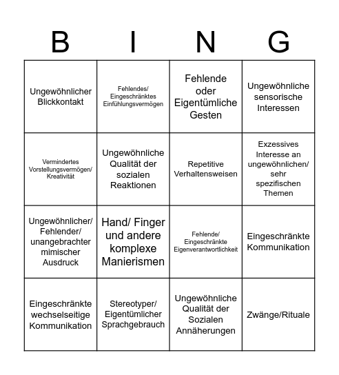 Autism Bingo Card
