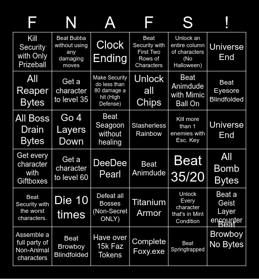 FNaF World Bingo by Algeanie Bingo Card