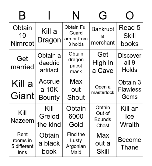 Skyrim Bingo Card