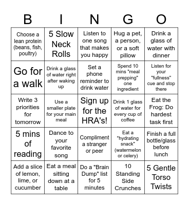 HRA Health & Fitness Bingo Card