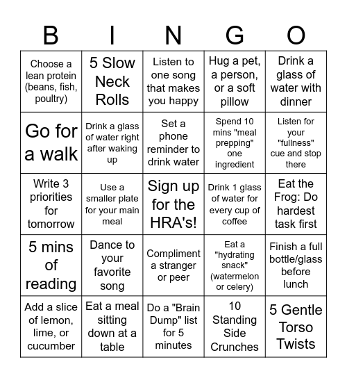 HRA Health & Fitness Bingo Card