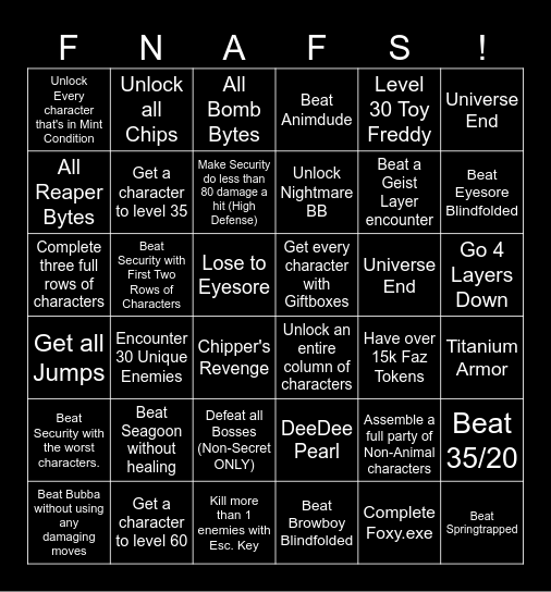 FNaF World Bingo by Algeanie Bingo Card