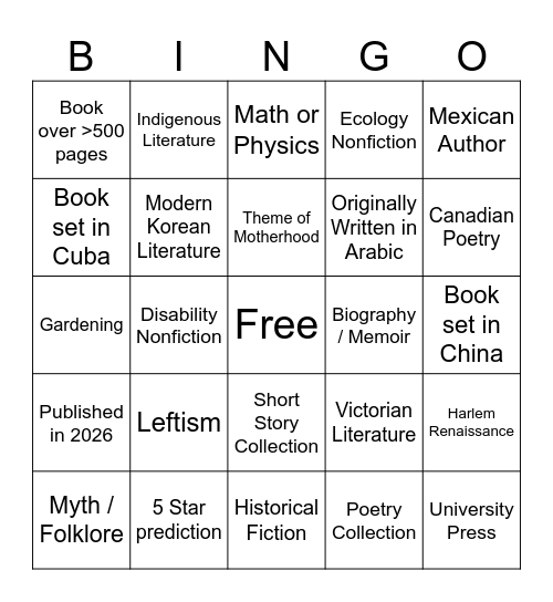 Reading 2026 Bingo Card