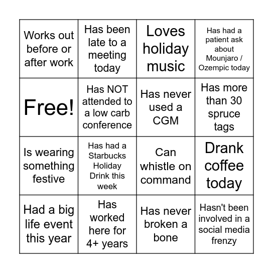 Toward Health Holiday Party Bingo Card