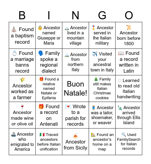Italian Ancestor Bingo Card