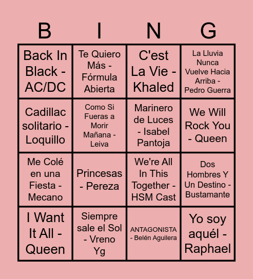 bingo  musical Marxu Bingo Card