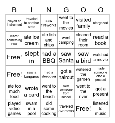 OSHC holidays bingo Card