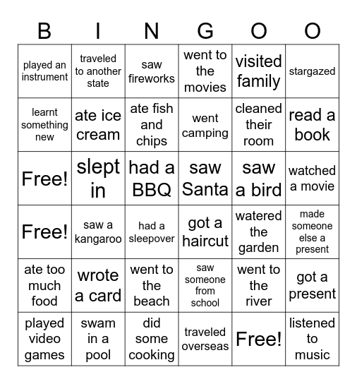 OSHC holidays bingo Card