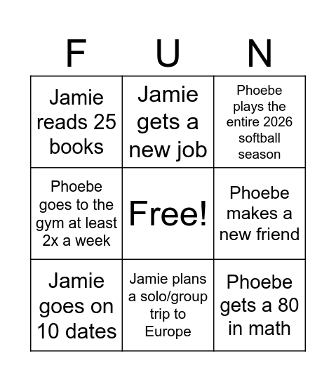 Phoebe & Jamie's 2026 FUN Board Bingo Card
