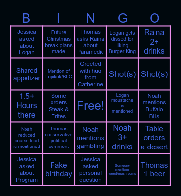 Friends Dinner Bingo Card