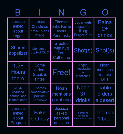 Friends Dinner Bingo Card