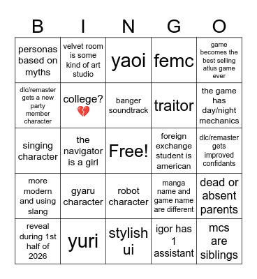 persona 6 Bingo Card