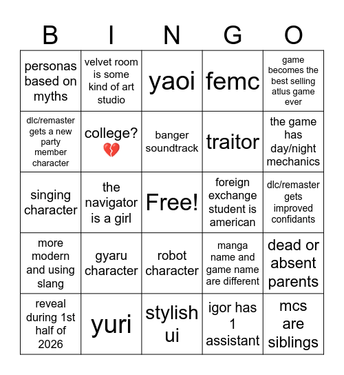 persona 6 Bingo Card