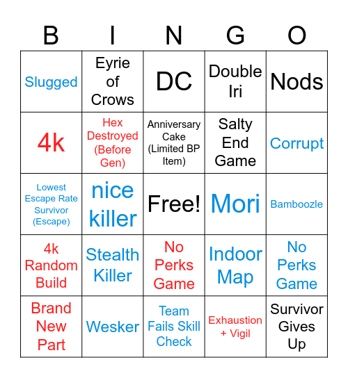 Dead by Daylight Bingo Card