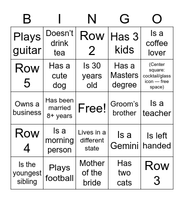 Bridal Bingo Card
