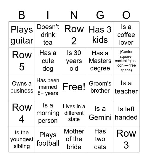 Bridal Bingo Card