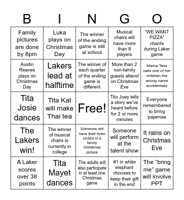 Villar Family Christmas Eve & Day, 2025 Bingo Card