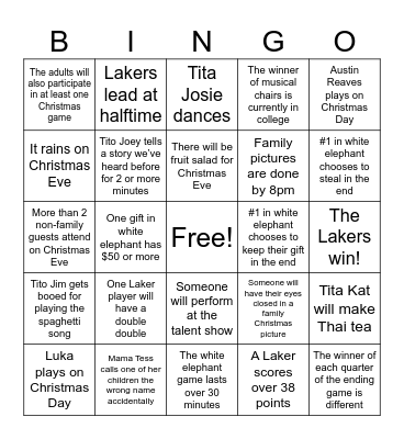 Villar Family Christmas Eve & Day, 2025 Bingo Card