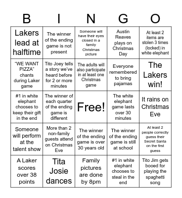 Villar Family Christmas Eve & Day, 2025 Bingo Card