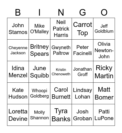 Glee Celebrity Bingo Card