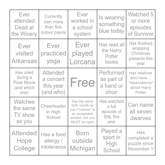 Trent's Birthday Bingo Card