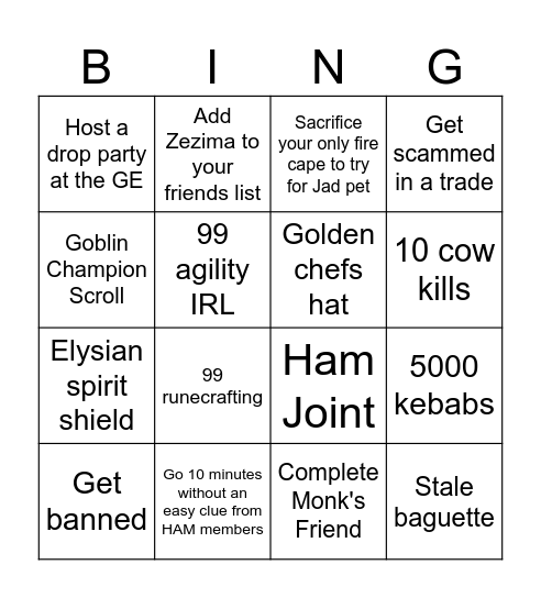 HARD mode Bingo Card