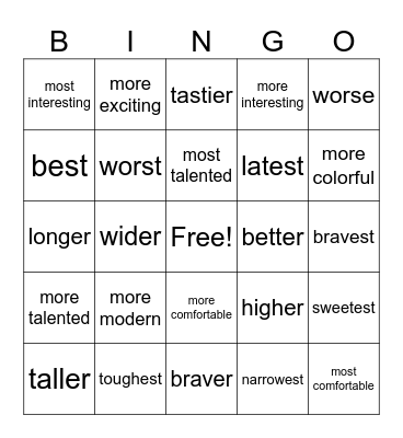 Degree of Comparison Bingo Card