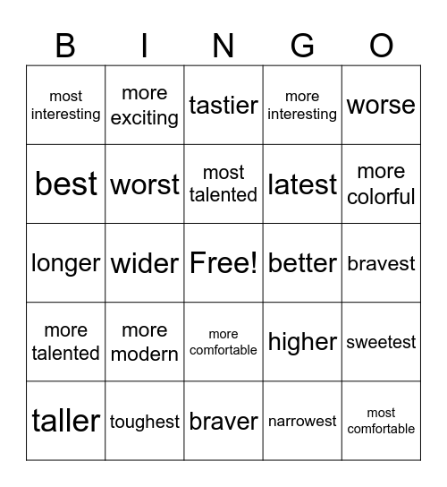 Degree of Comparison Bingo Card