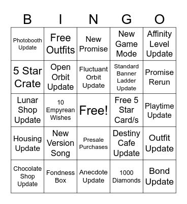 2nd Anniversary Livestream Bingo Card
