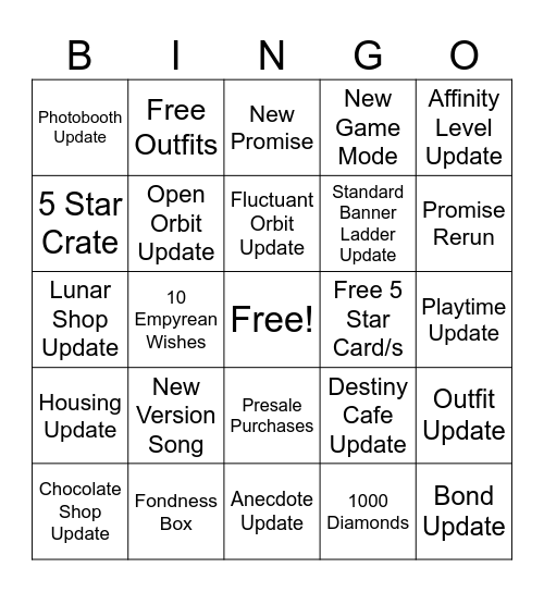 2nd Anniversary Livestream Bingo Card