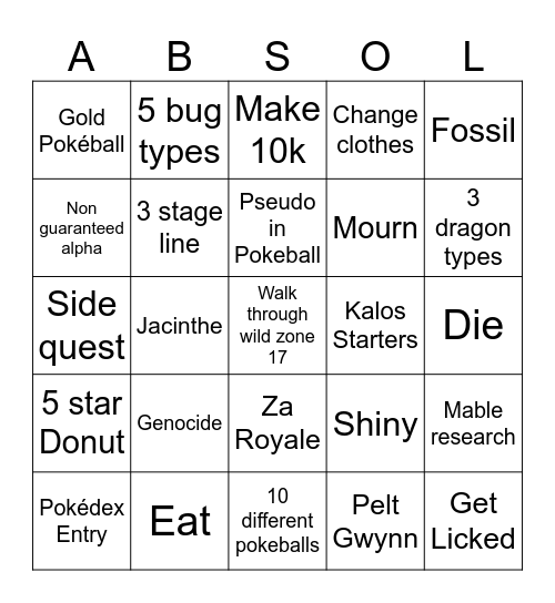 Legends ZA Bingo Card