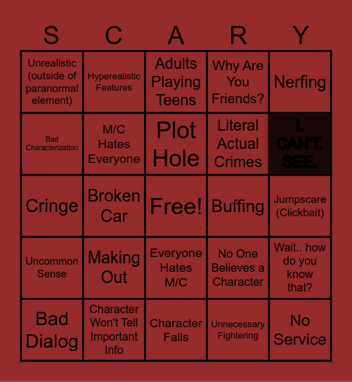 Horror Cliché Bingo Card