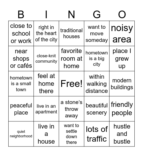 Speaking Bingo: Home & Hometown Bingo Card