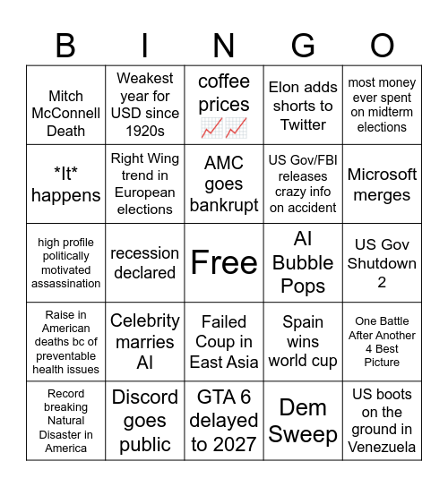 2026 Bingo Card Bingo Card