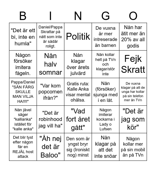 Kalle Anka och hans vänner önskar er en god Bingo Card