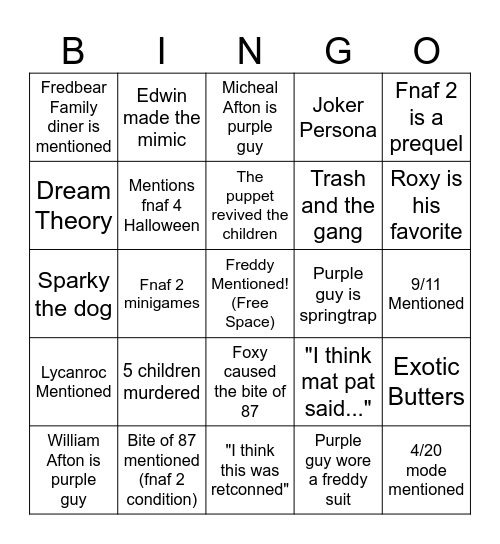 Fnaf Bingo Card