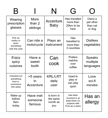 PLN Project Dinner Celebration Bingo Card