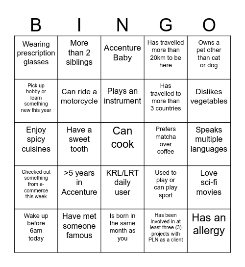 PLN Project Dinner Celebration Bingo Card