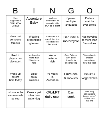 PLN Project Dinner Celebration Bingo Card
