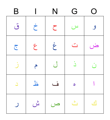 Arabic Alphabet Bingo Card